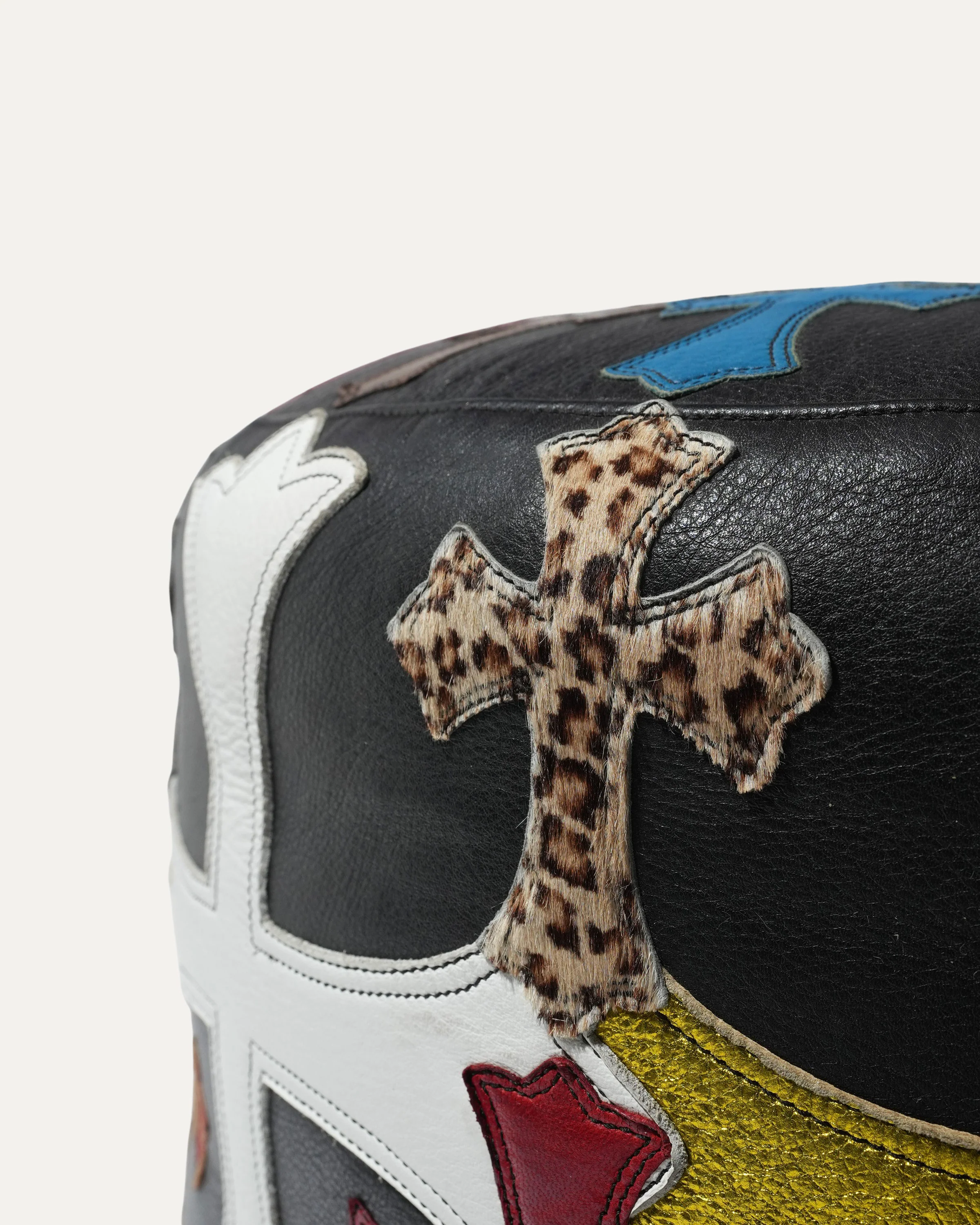 Leather Multicolor Cross Patch Stool - Image 4