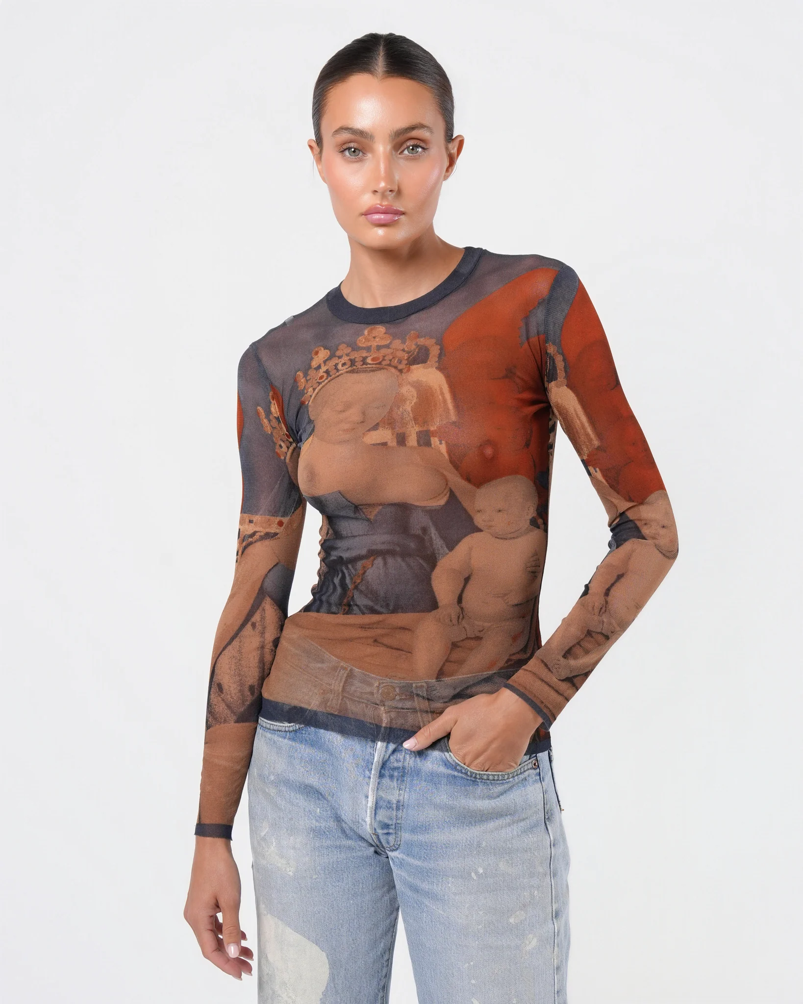 SS 1995 Fouquet "Melun Diptych" Print Long Sleeve Mesh Top