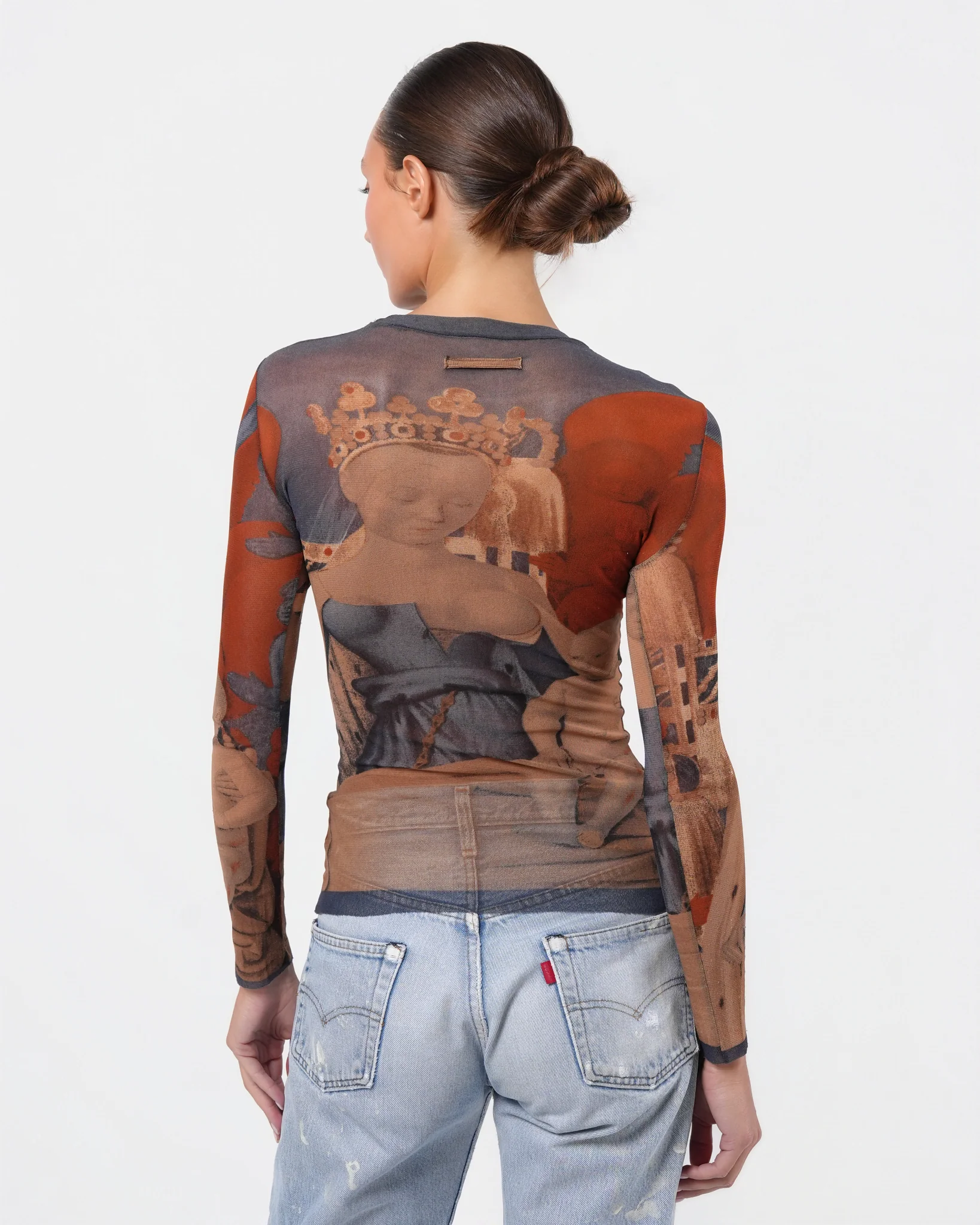 SS 1995 Fouquet "Melun Diptych" Print Long Sleeve Mesh Top - Image 6