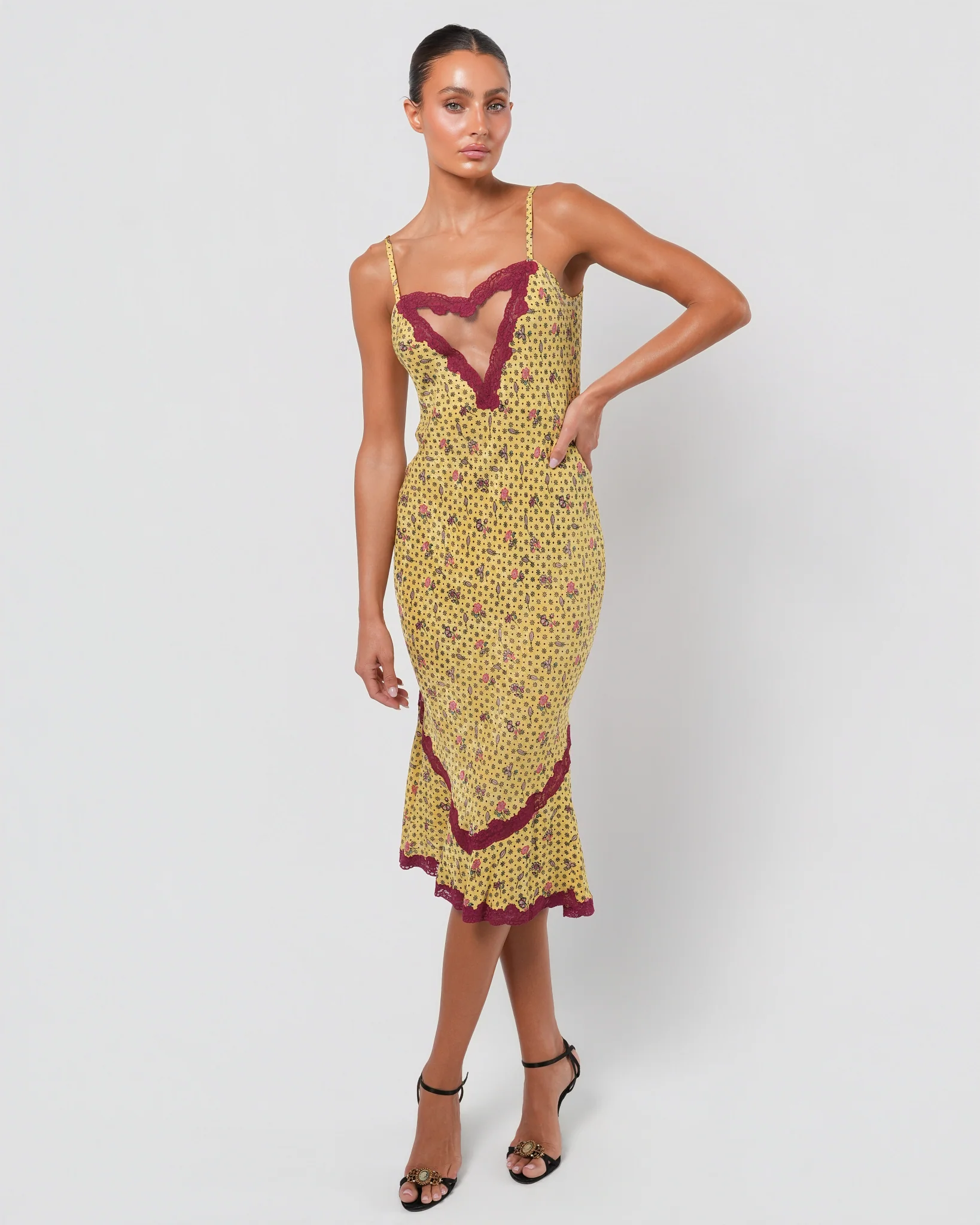SS 1998 Silk Floral Runway Dress With Lace Detail