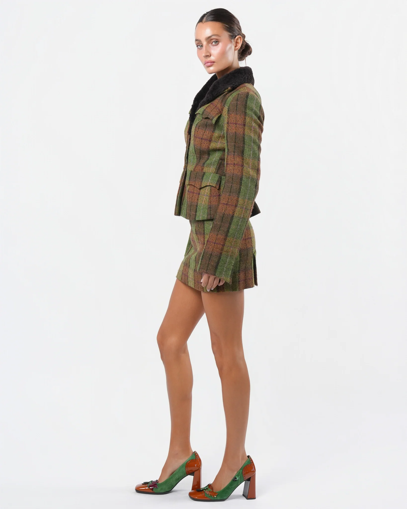 1990s Tartan Skirt Suit with Shearling Trim - Image 2