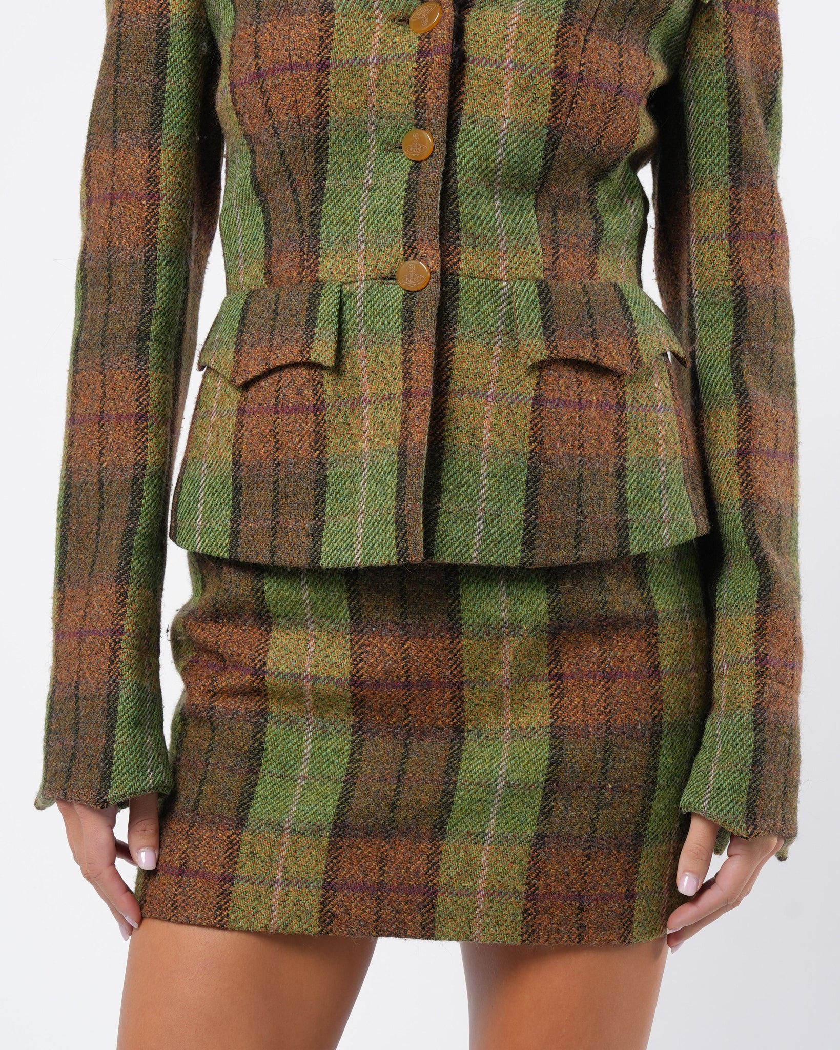 1990s Tartan Skirt Suit with Shearling Trim - Image 5